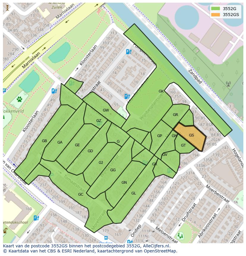 Afbeelding van het postcodegebied 3552 GS op de kaart.