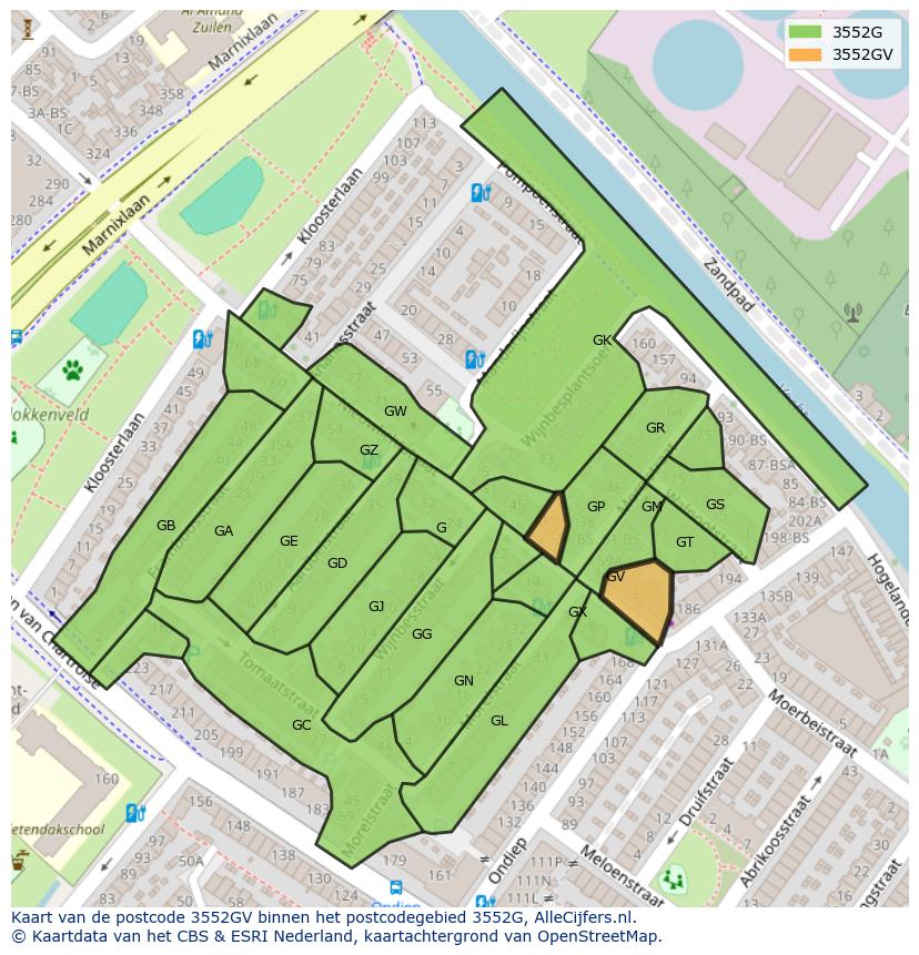 Afbeelding van het postcodegebied 3552 GV op de kaart.
