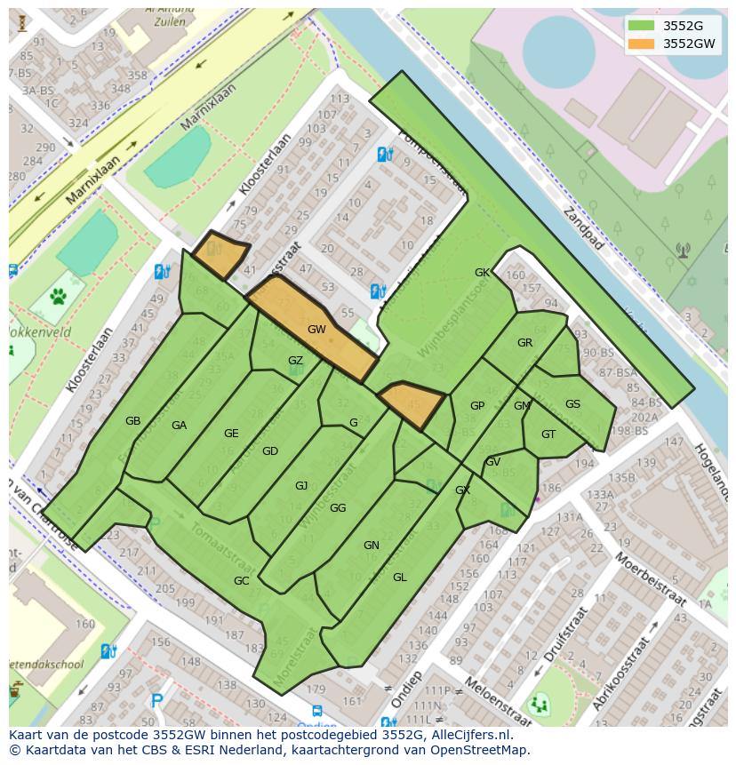 Afbeelding van het postcodegebied 3552 GW op de kaart.