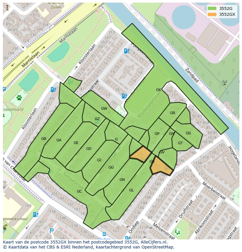 Afbeelding van het postcodegebied 3552 GX op de kaart.