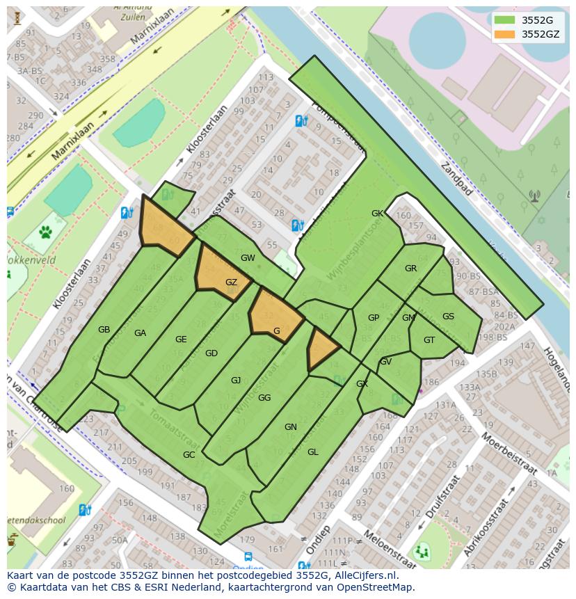 Afbeelding van het postcodegebied 3552 GZ op de kaart.