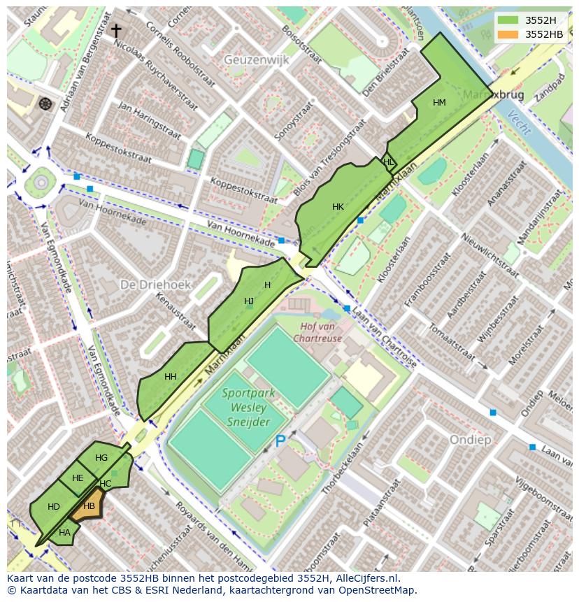 Afbeelding van het postcodegebied 3552 HB op de kaart.