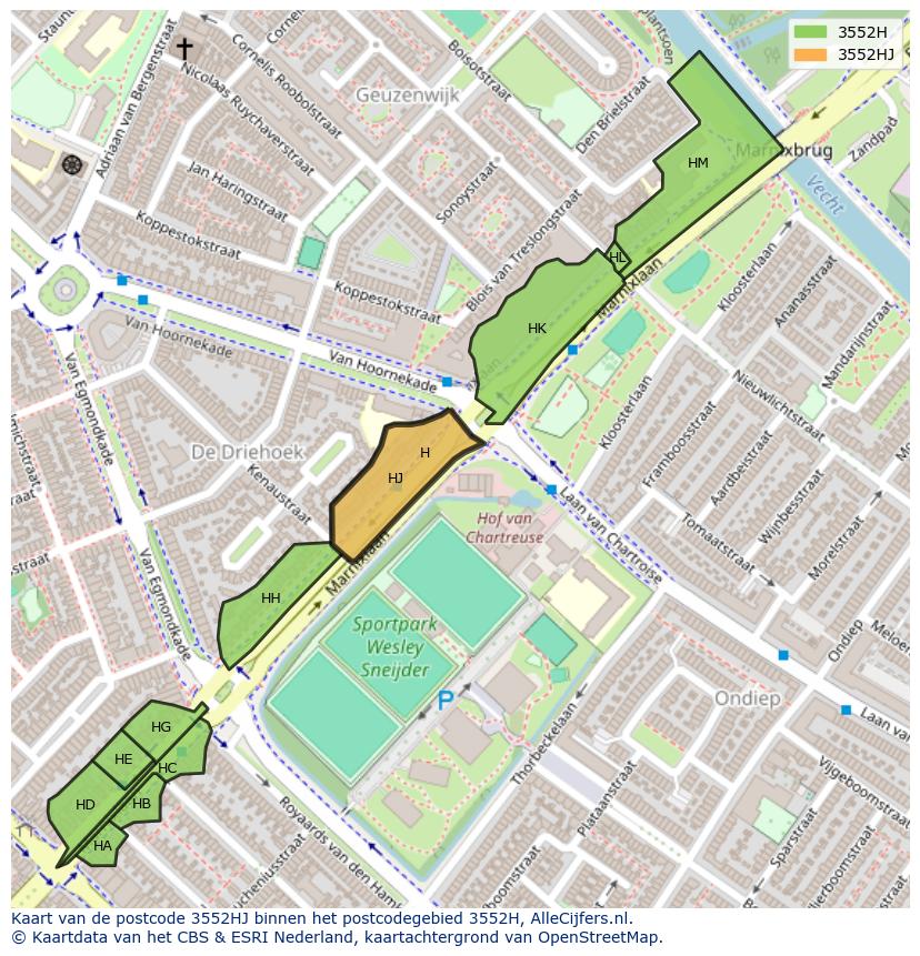 Afbeelding van het postcodegebied 3552 HJ op de kaart.