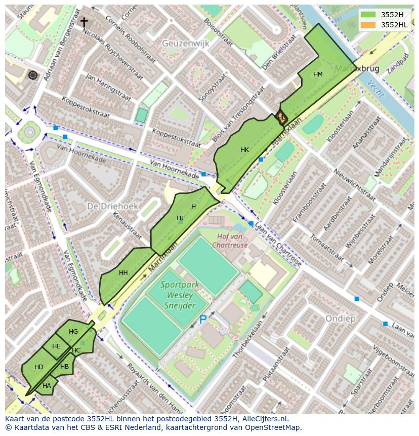 Afbeelding van het postcodegebied 3552 HL op de kaart.