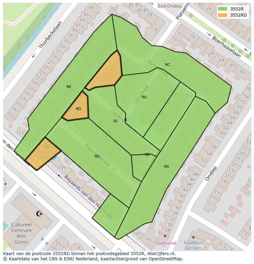 Afbeelding van het postcodegebied 3552 RD op de kaart.
