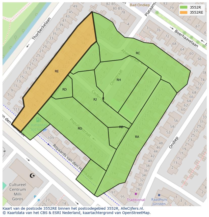 Afbeelding van het postcodegebied 3552 RE op de kaart.