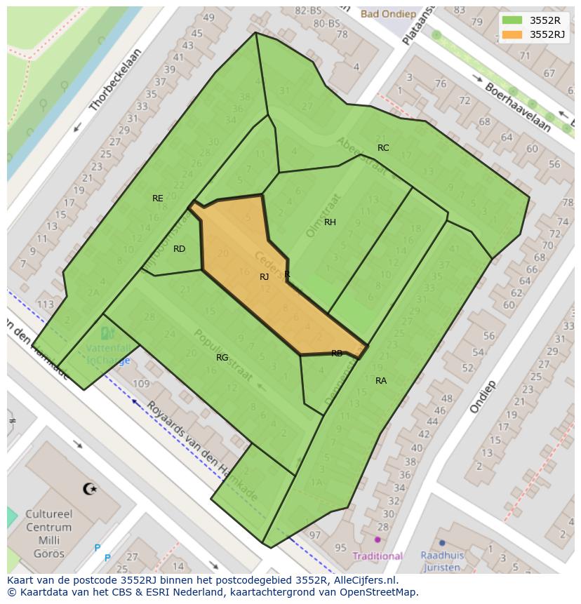 Afbeelding van het postcodegebied 3552 RJ op de kaart.