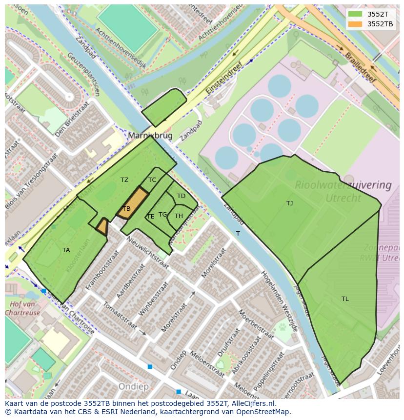 Afbeelding van het postcodegebied 3552 TB op de kaart.