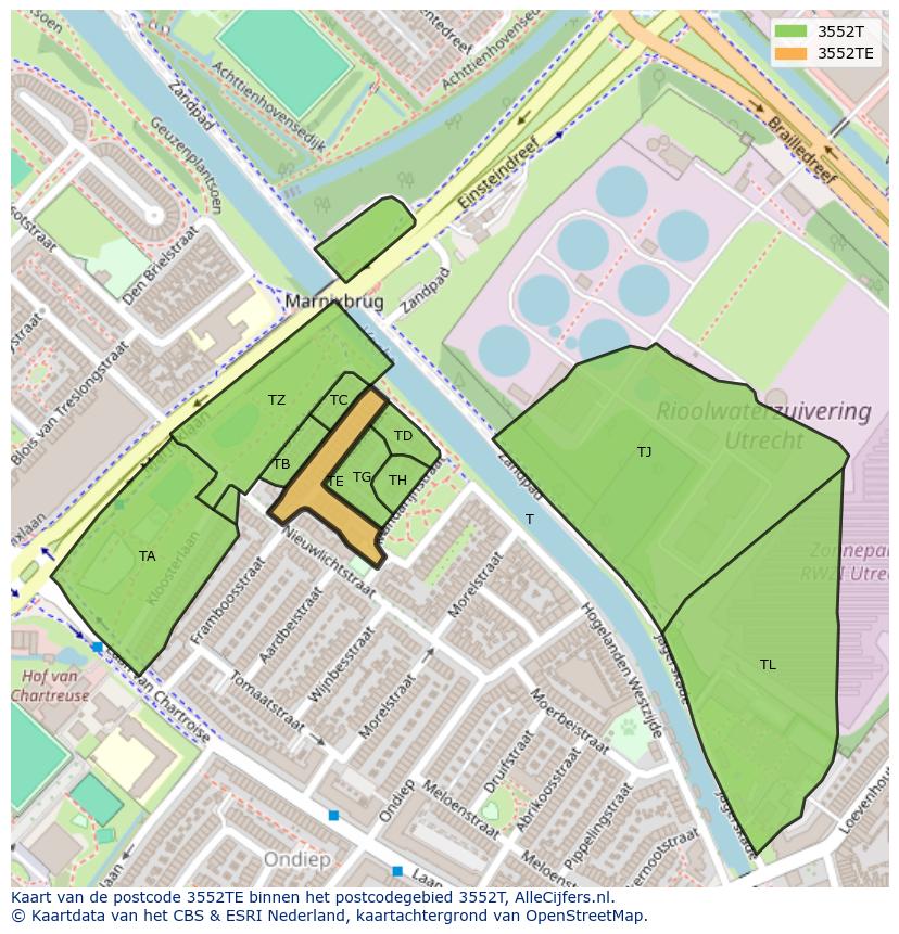 Afbeelding van het postcodegebied 3552 TE op de kaart.