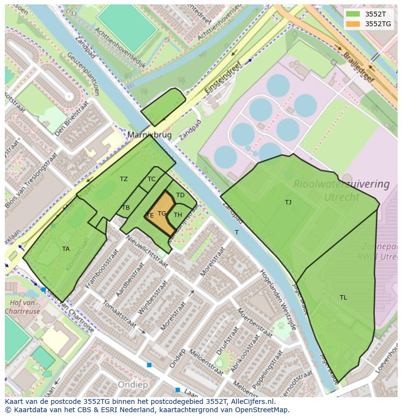 Afbeelding van het postcodegebied 3552 TG op de kaart.