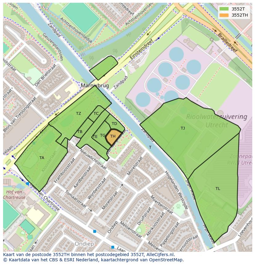 Afbeelding van het postcodegebied 3552 TH op de kaart.