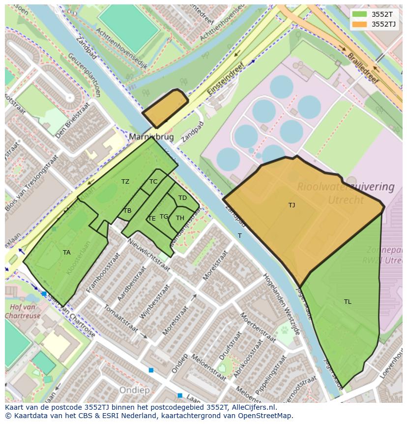 Afbeelding van het postcodegebied 3552 TJ op de kaart.