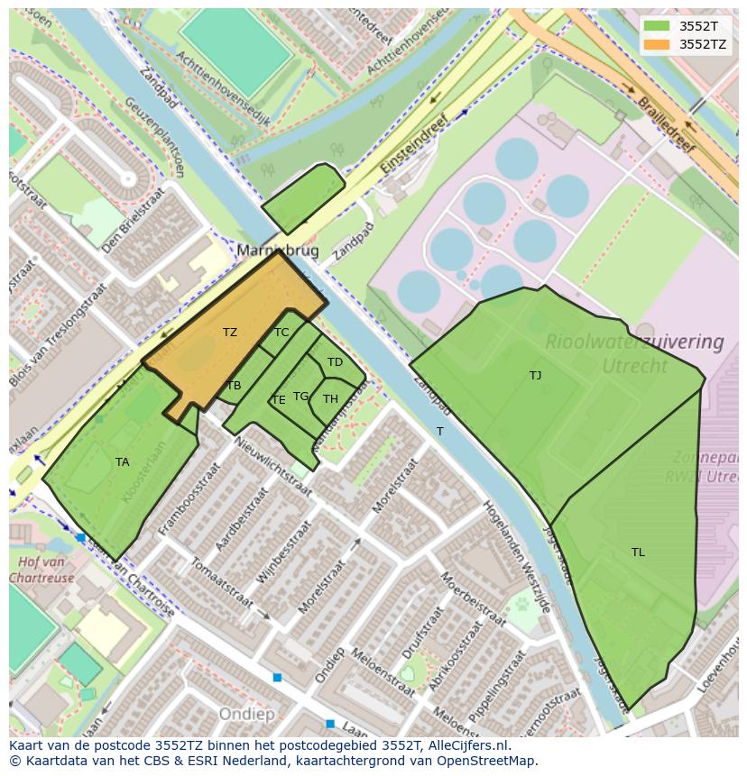 Afbeelding van het postcodegebied 3552 TZ op de kaart.