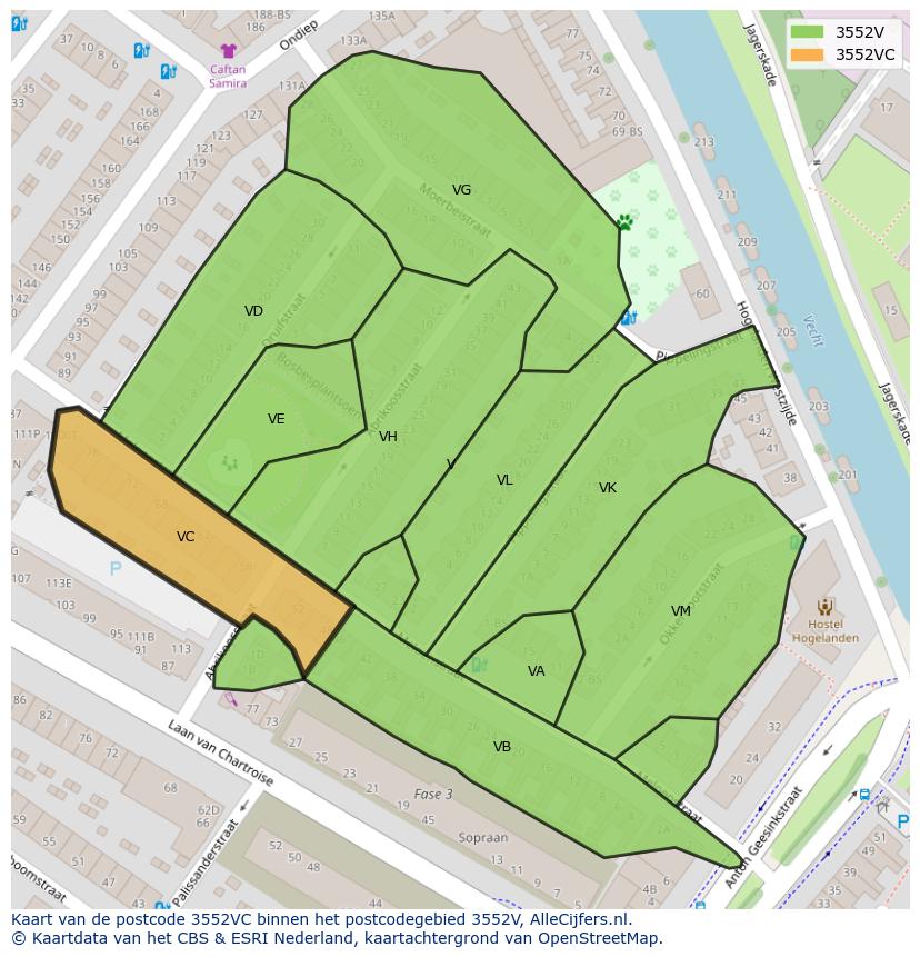 Afbeelding van het postcodegebied 3552 VC op de kaart.