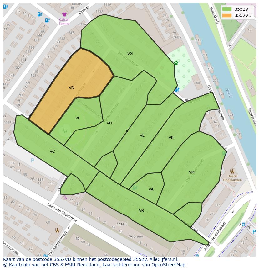 Afbeelding van het postcodegebied 3552 VD op de kaart.