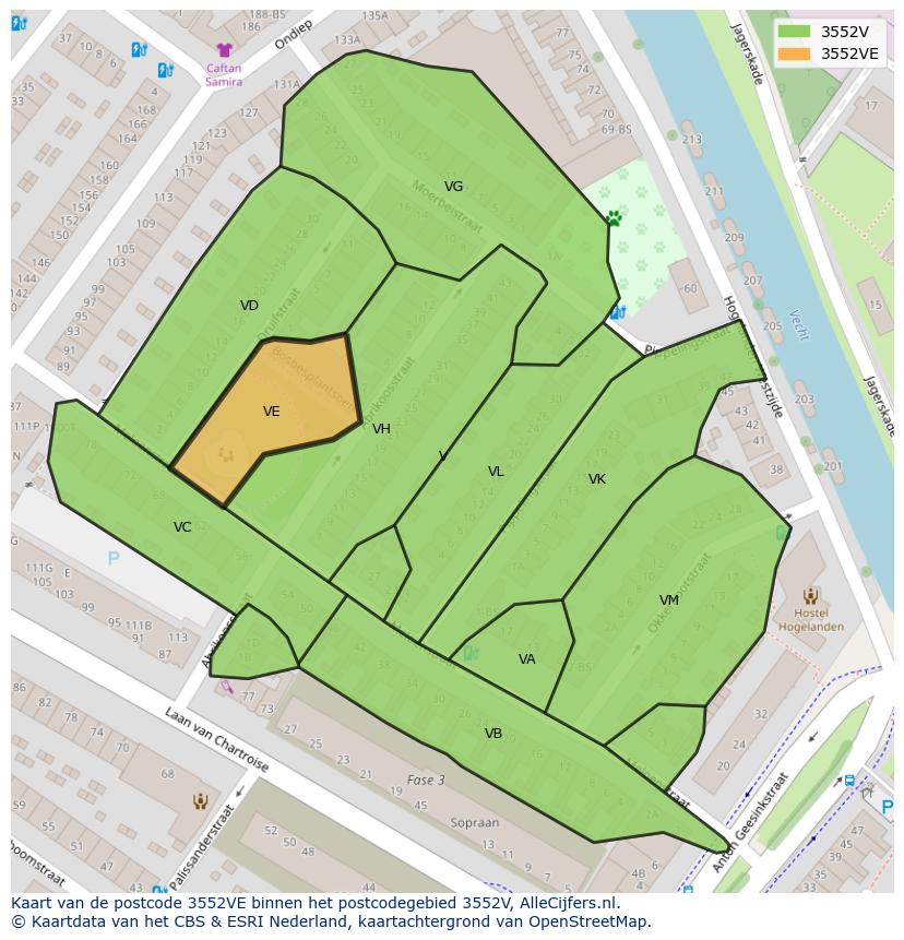 Afbeelding van het postcodegebied 3552 VE op de kaart.