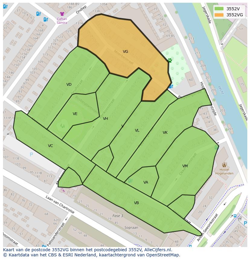 Afbeelding van het postcodegebied 3552 VG op de kaart.