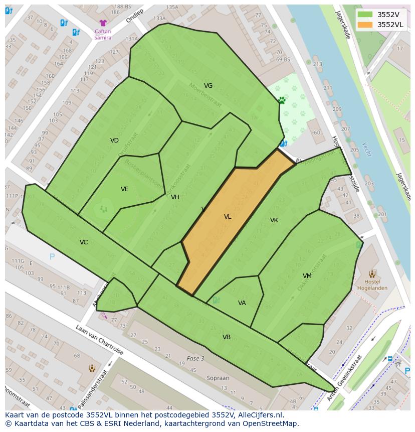 Afbeelding van het postcodegebied 3552 VL op de kaart.