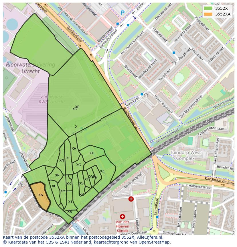 Afbeelding van het postcodegebied 3552 XA op de kaart.