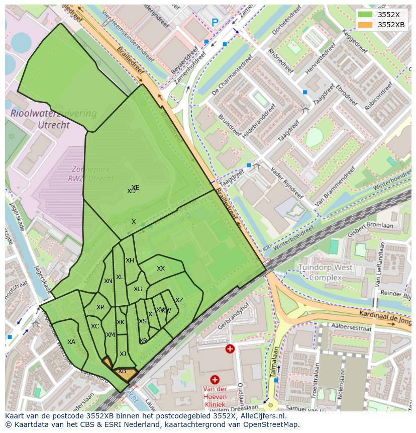 Afbeelding van het postcodegebied 3552 XB op de kaart.
