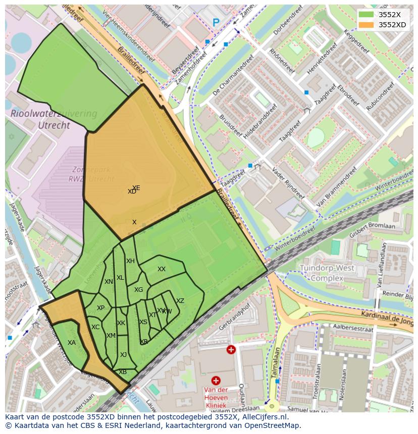 Afbeelding van het postcodegebied 3552 XD op de kaart.