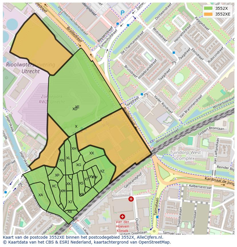 Afbeelding van het postcodegebied 3552 XE op de kaart.
