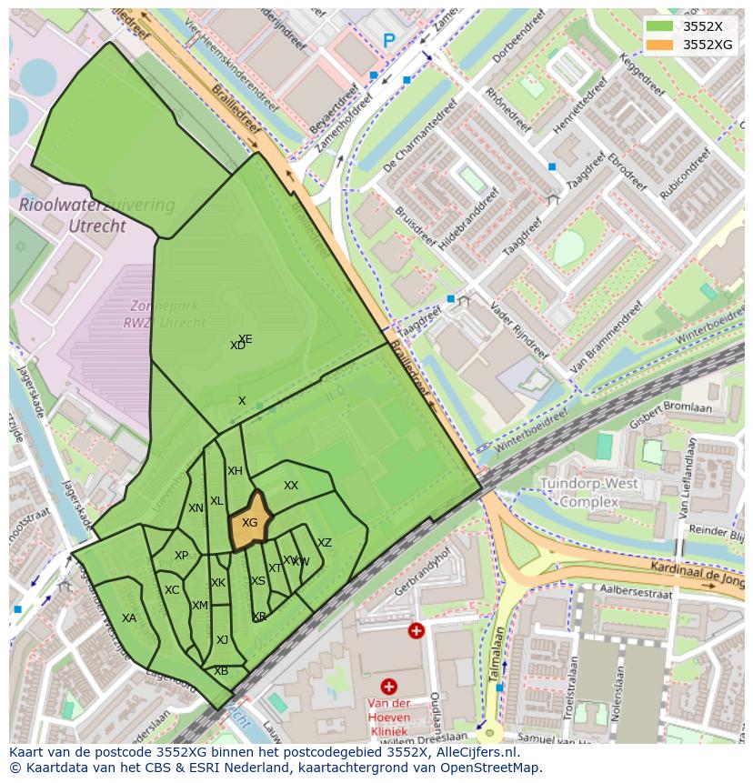 Afbeelding van het postcodegebied 3552 XG op de kaart.