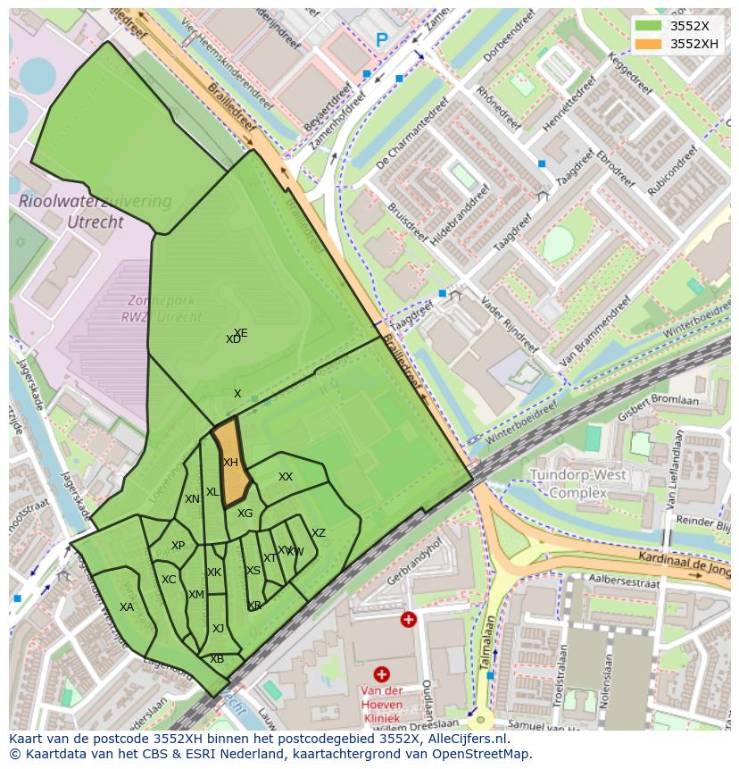 Afbeelding van het postcodegebied 3552 XH op de kaart.