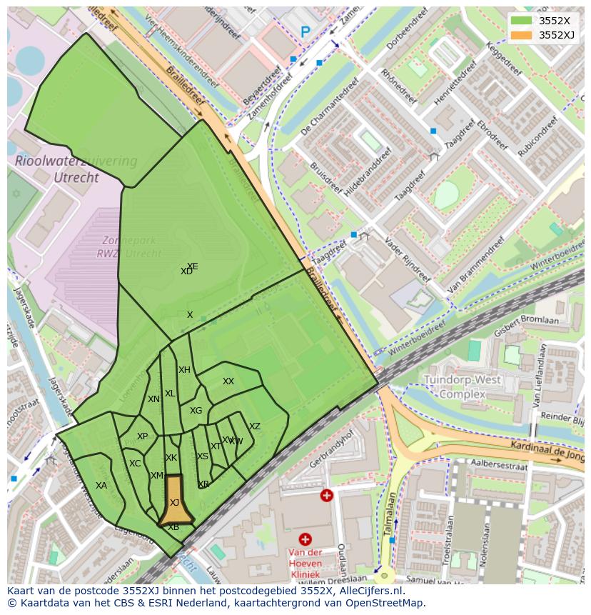 Afbeelding van het postcodegebied 3552 XJ op de kaart.
