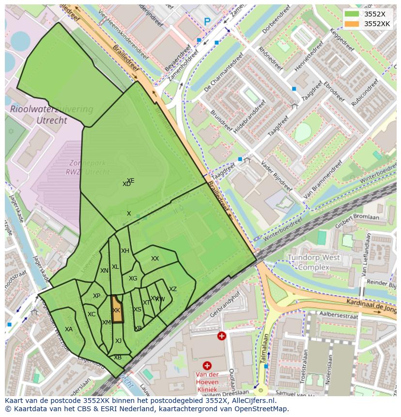 Afbeelding van het postcodegebied 3552 XK op de kaart.