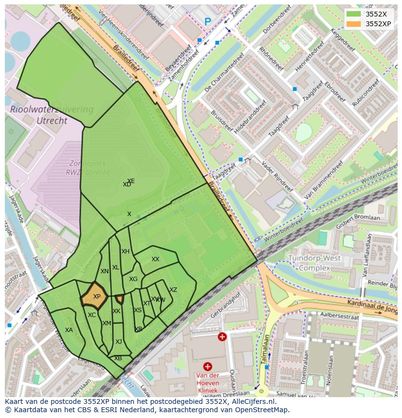 Afbeelding van het postcodegebied 3552 XP op de kaart.