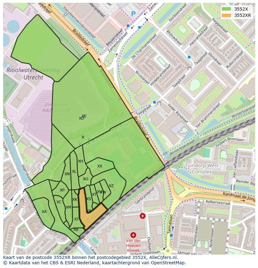 Afbeelding van het postcodegebied 3552 XR op de kaart.