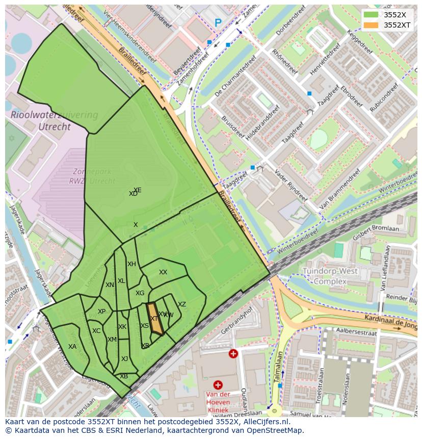 Afbeelding van het postcodegebied 3552 XT op de kaart.
