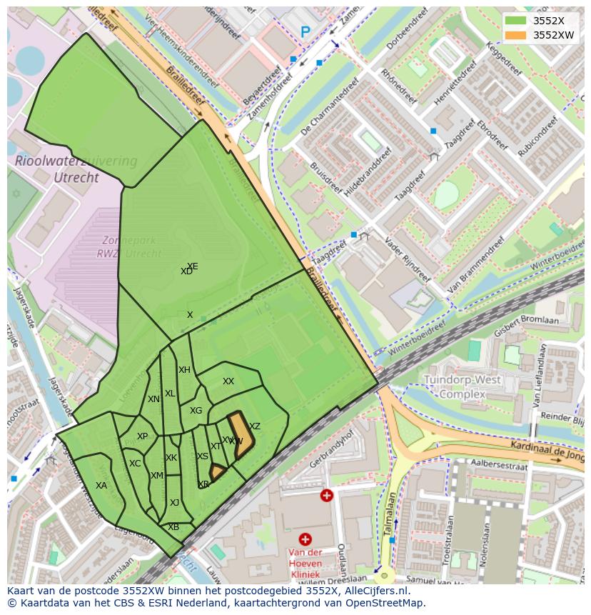 Afbeelding van het postcodegebied 3552 XW op de kaart.