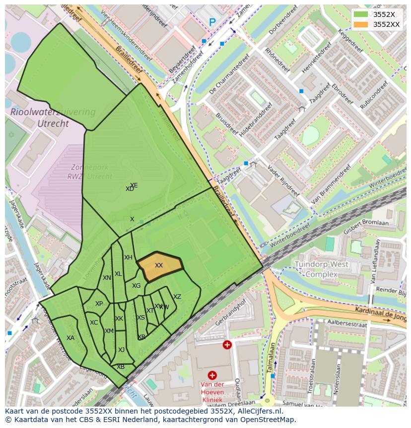 Afbeelding van het postcodegebied 3552 XX op de kaart.