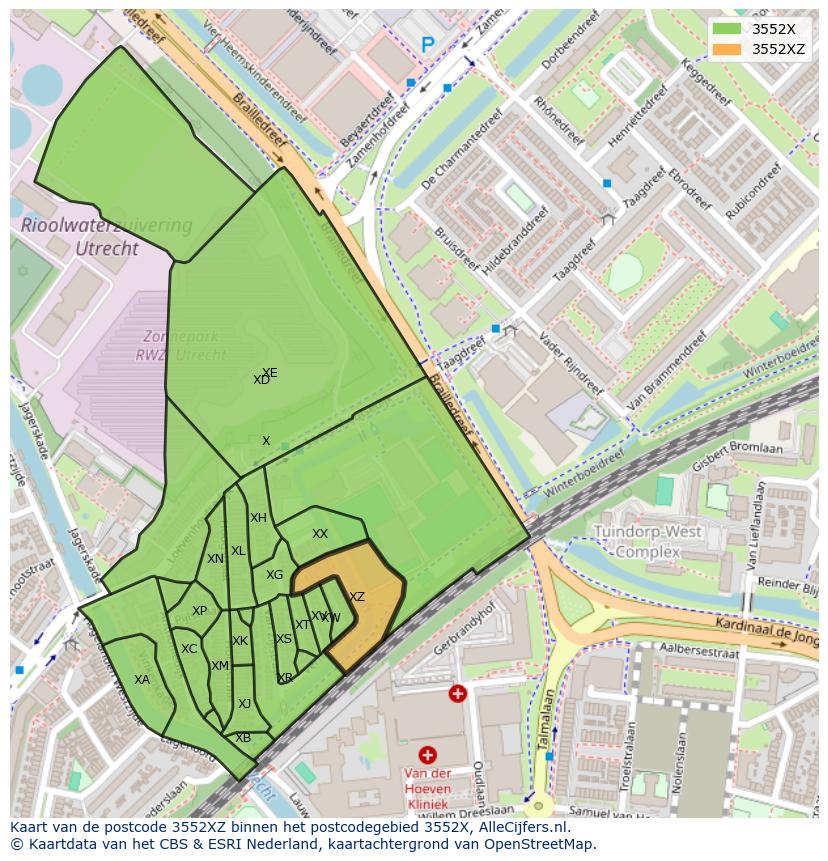 Afbeelding van het postcodegebied 3552 XZ op de kaart.