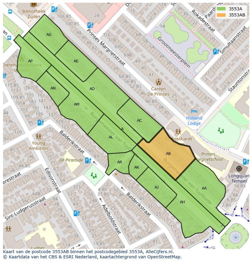 Afbeelding van het postcodegebied 3553 AB op de kaart.