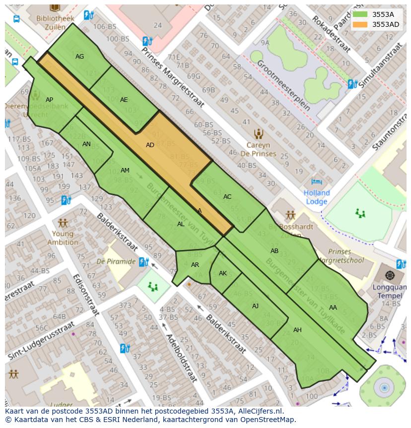 Afbeelding van het postcodegebied 3553 AD op de kaart.