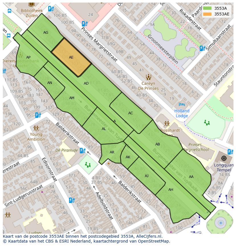 Afbeelding van het postcodegebied 3553 AE op de kaart.