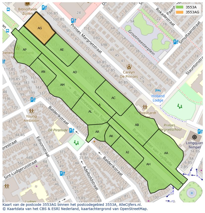 Afbeelding van het postcodegebied 3553 AG op de kaart.