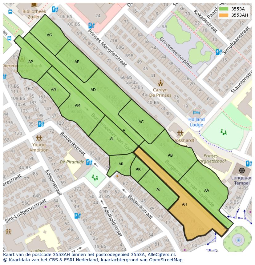 Afbeelding van het postcodegebied 3553 AH op de kaart.