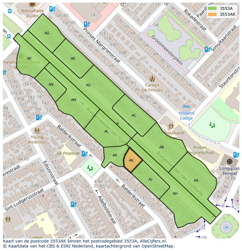 Afbeelding van het postcodegebied 3553 AK op de kaart.