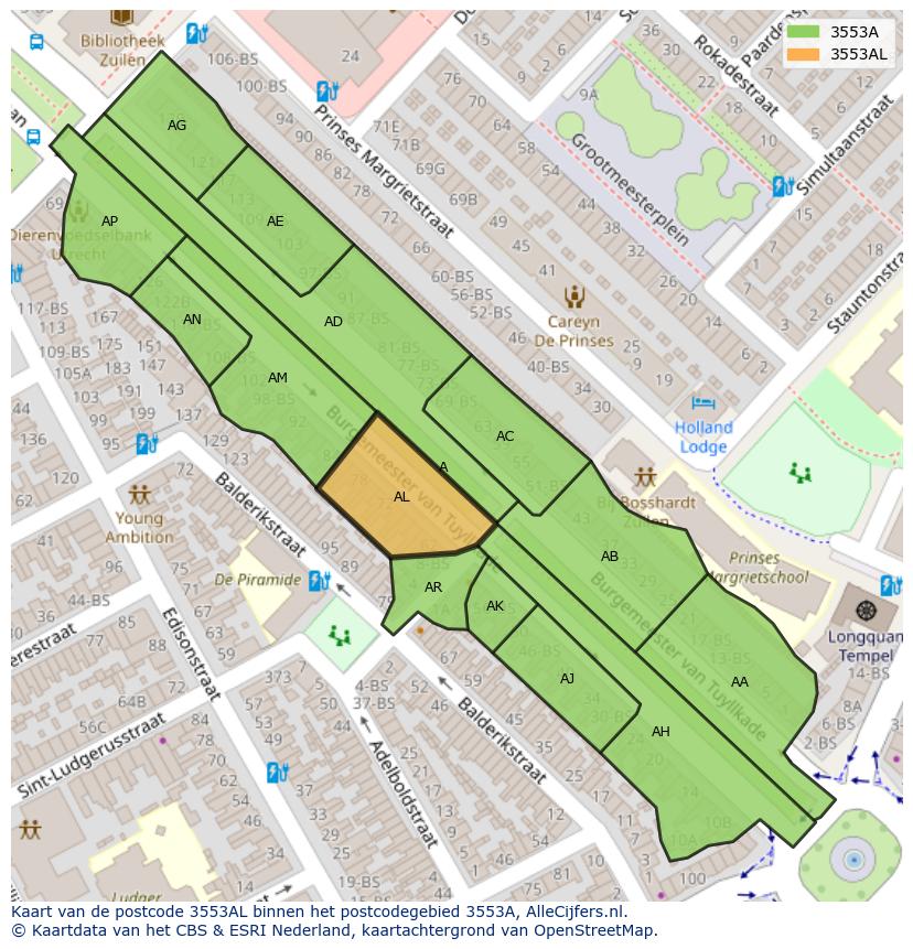 Afbeelding van het postcodegebied 3553 AL op de kaart.