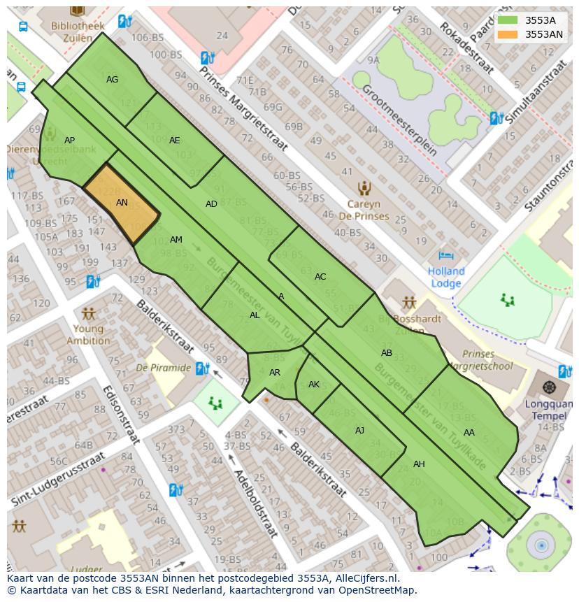 Afbeelding van het postcodegebied 3553 AN op de kaart.