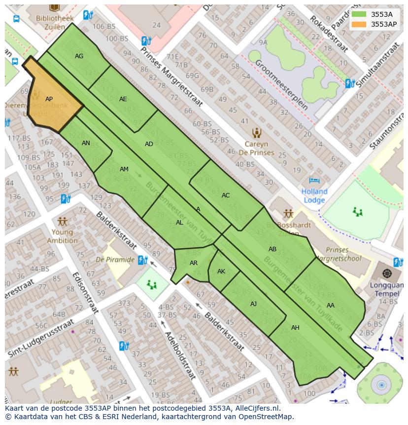 Afbeelding van het postcodegebied 3553 AP op de kaart.