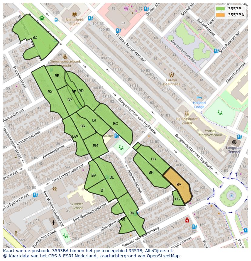 Afbeelding van het postcodegebied 3553 BA op de kaart.