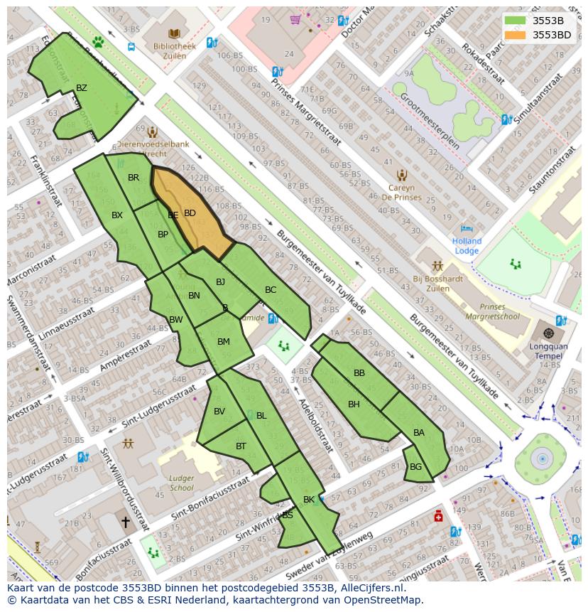 Afbeelding van het postcodegebied 3553 BD op de kaart.