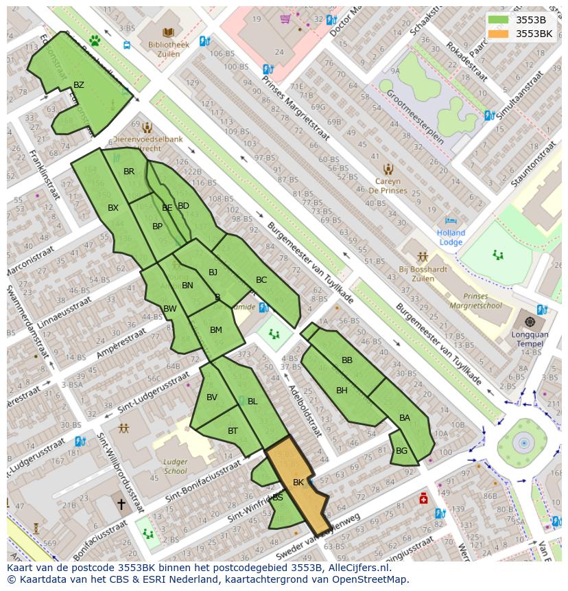 Afbeelding van het postcodegebied 3553 BK op de kaart.