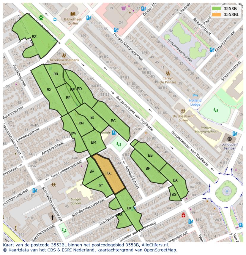 Afbeelding van het postcodegebied 3553 BL op de kaart.
