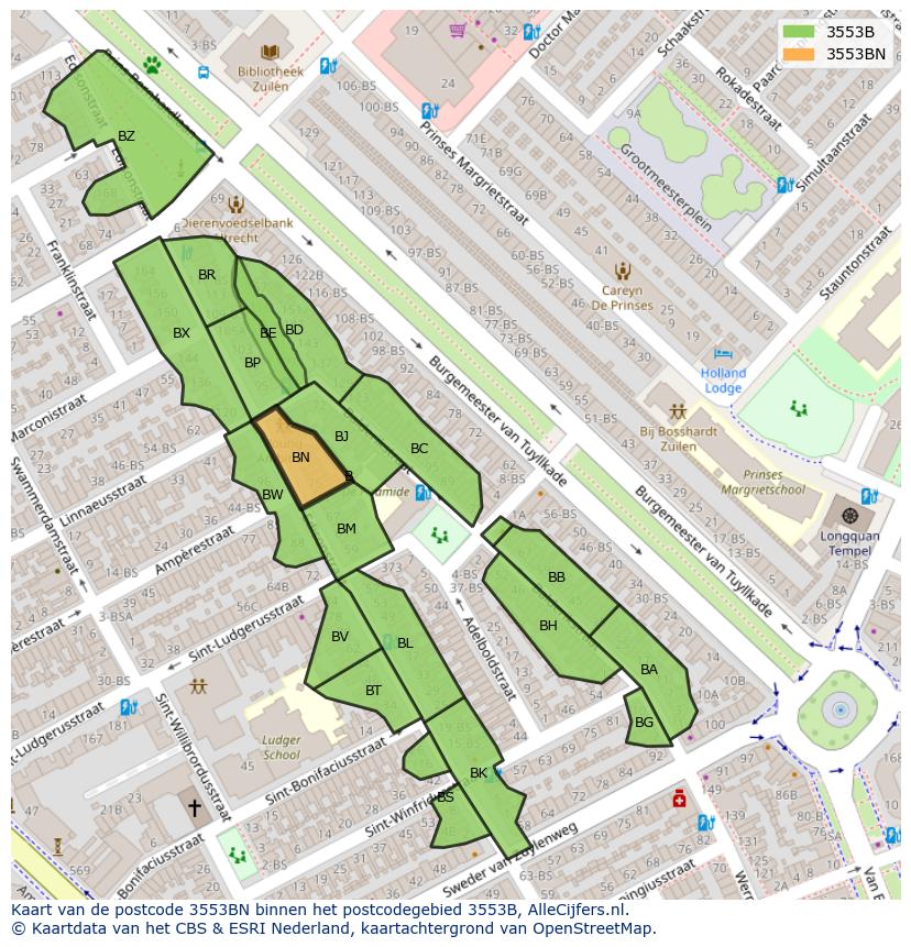 Afbeelding van het postcodegebied 3553 BN op de kaart.